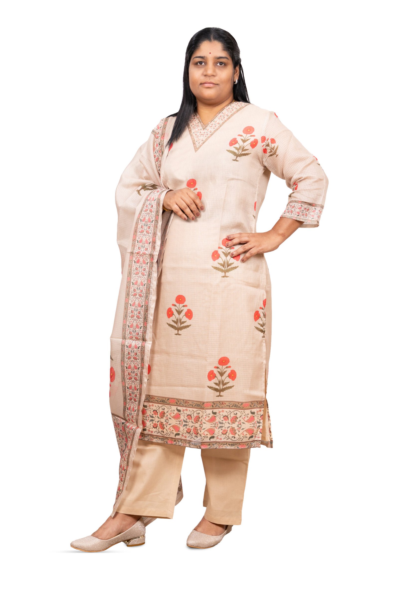 Banglore Fashions Women's Kota Doria Embroidered Suit Set - Beige