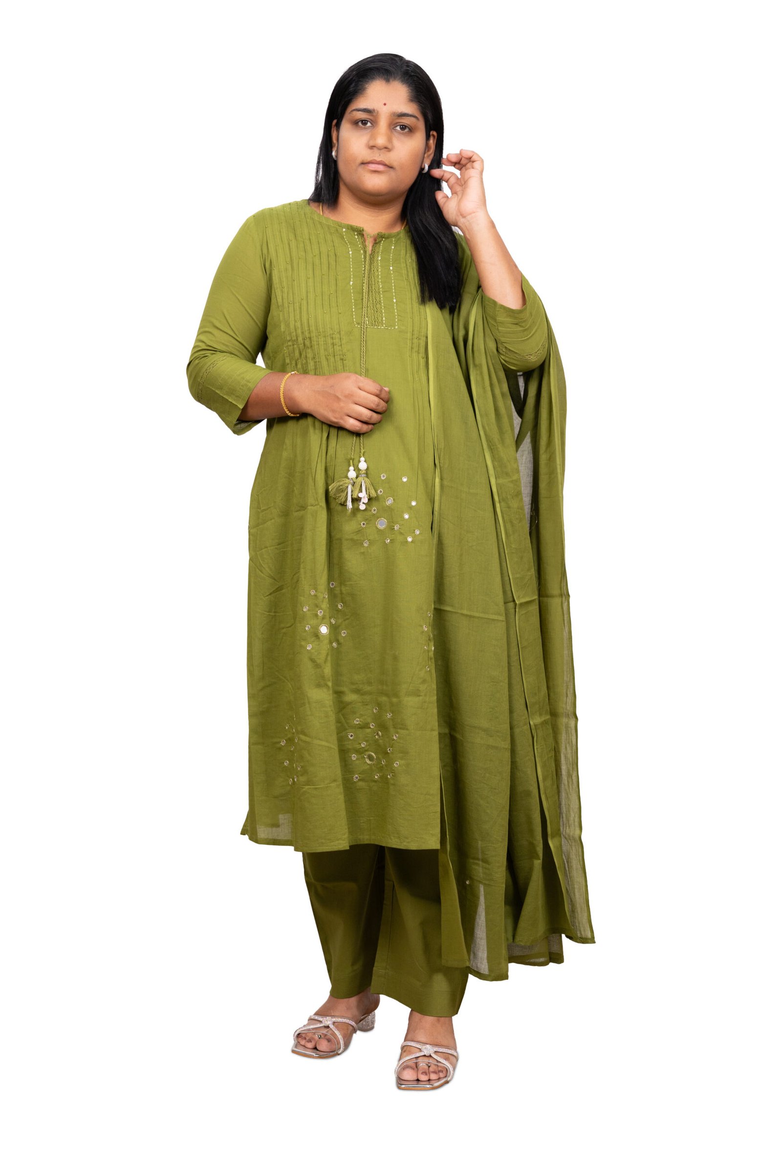 Banglore Fashions Women's Cotton Anarkali Kurta Set with Glass Work - Green