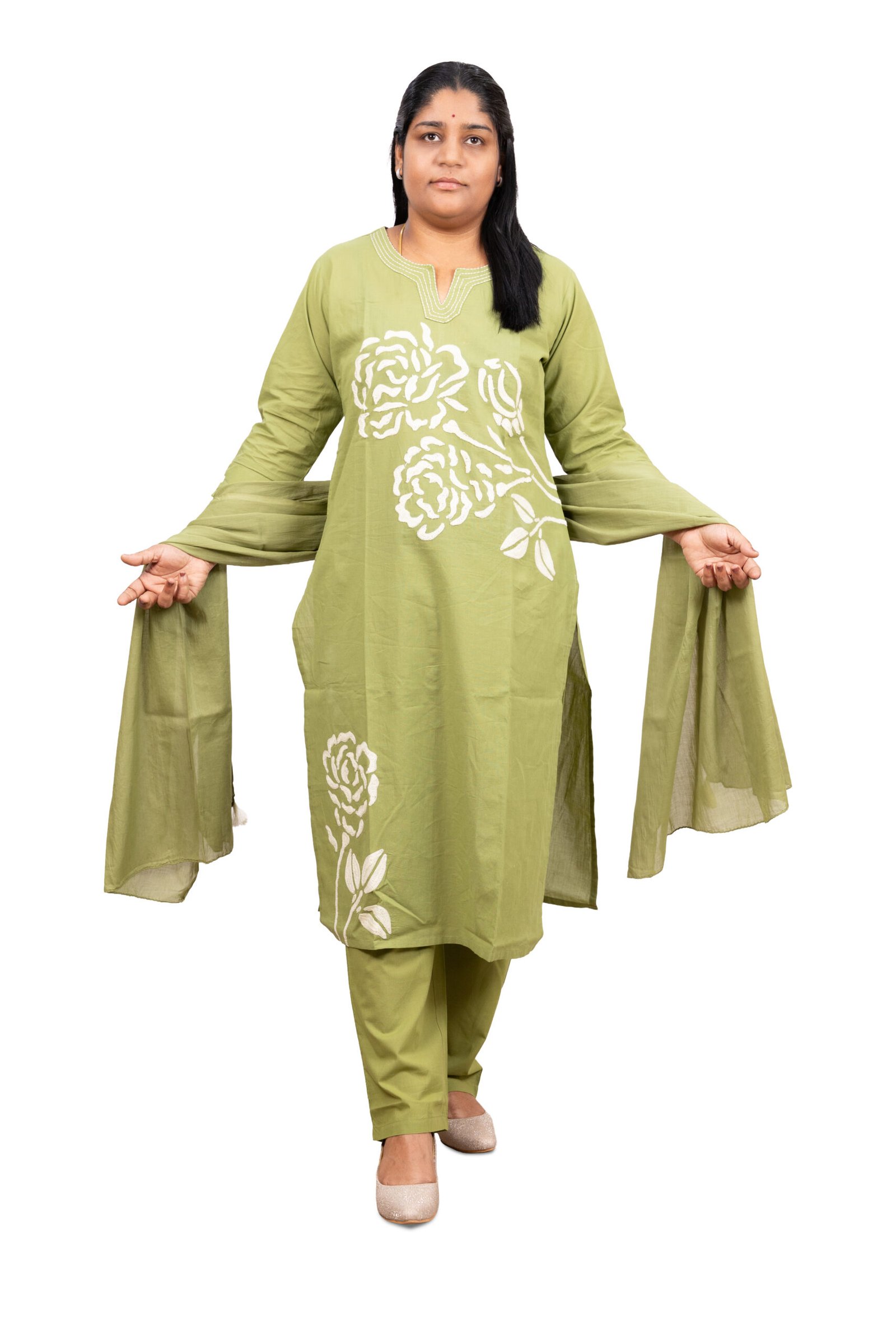 Banglore Fashions Women's Mull Cotton Embroidered Kurta Set with Dupatta - Green