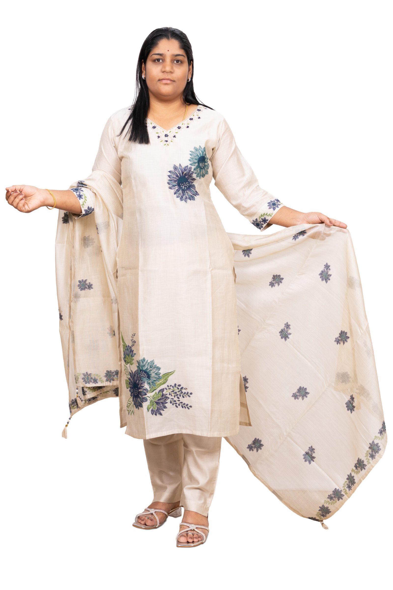 Banglore Fashions Women's Handmade Jamdani Kurta Set Cotton Silk -Beige