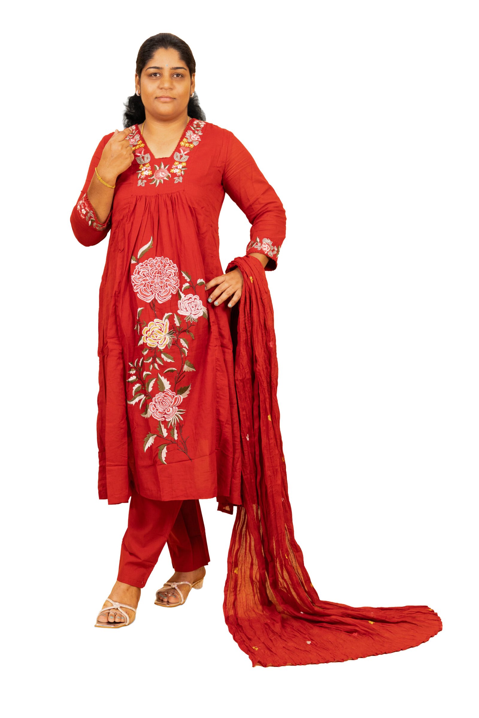 Banglore Fashions Women's Mull Cotton Embroidered Kurta Set with Dupatta - Red