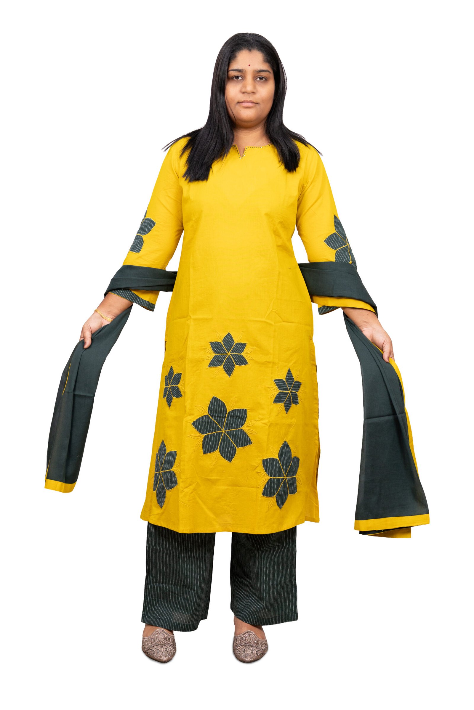 Banglore Fashions Women's Linen Kurta Set with Scallop Work - Mustard