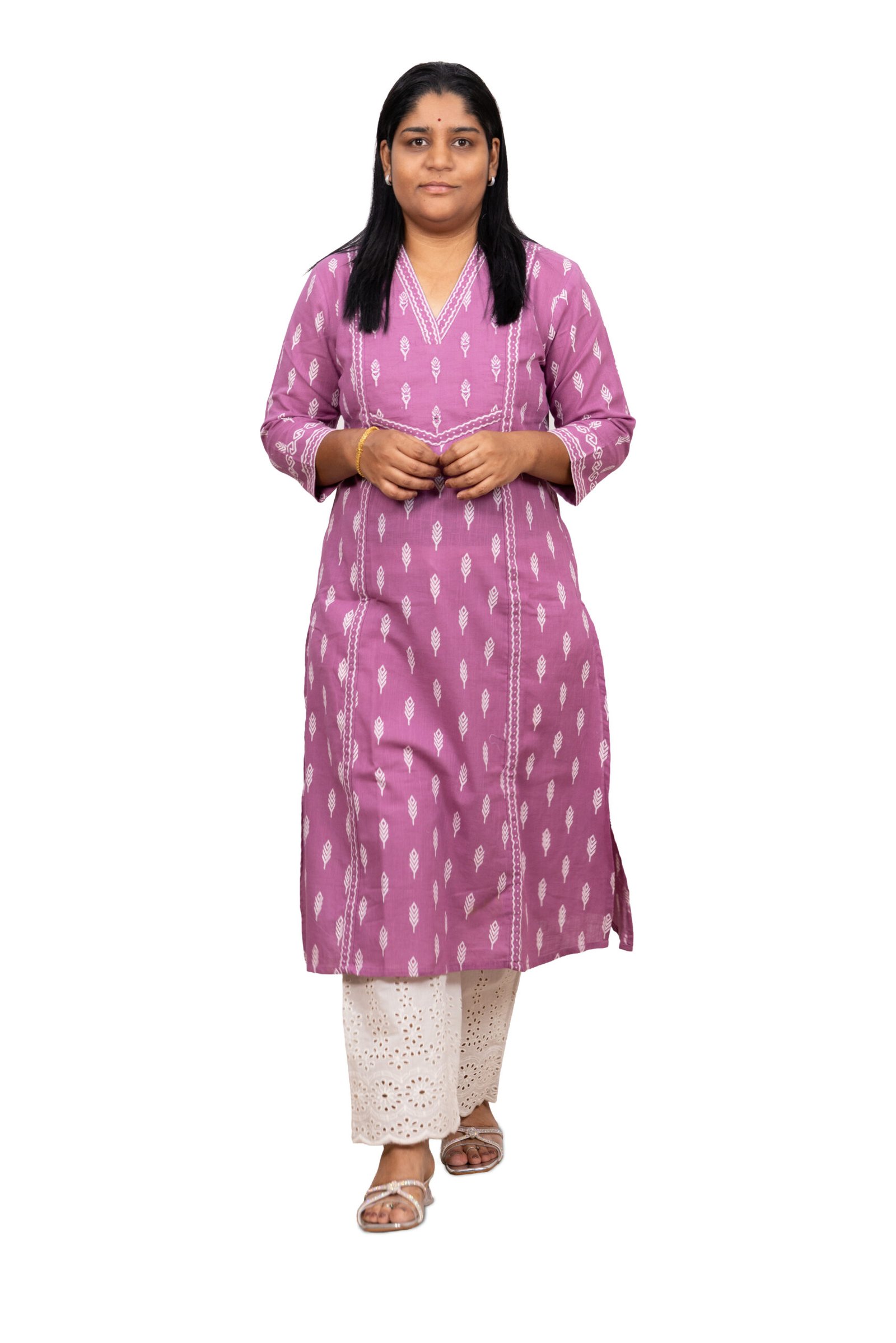 Banglore Fashions Women's Printed V-Neck Kantha Stitched Kurti - Pink