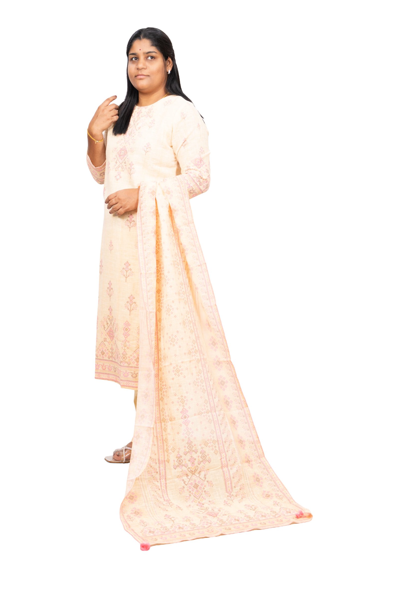 Banglore Fashions Women's Handmade Jamdani Kurta Set - Cotton Silk - Beige