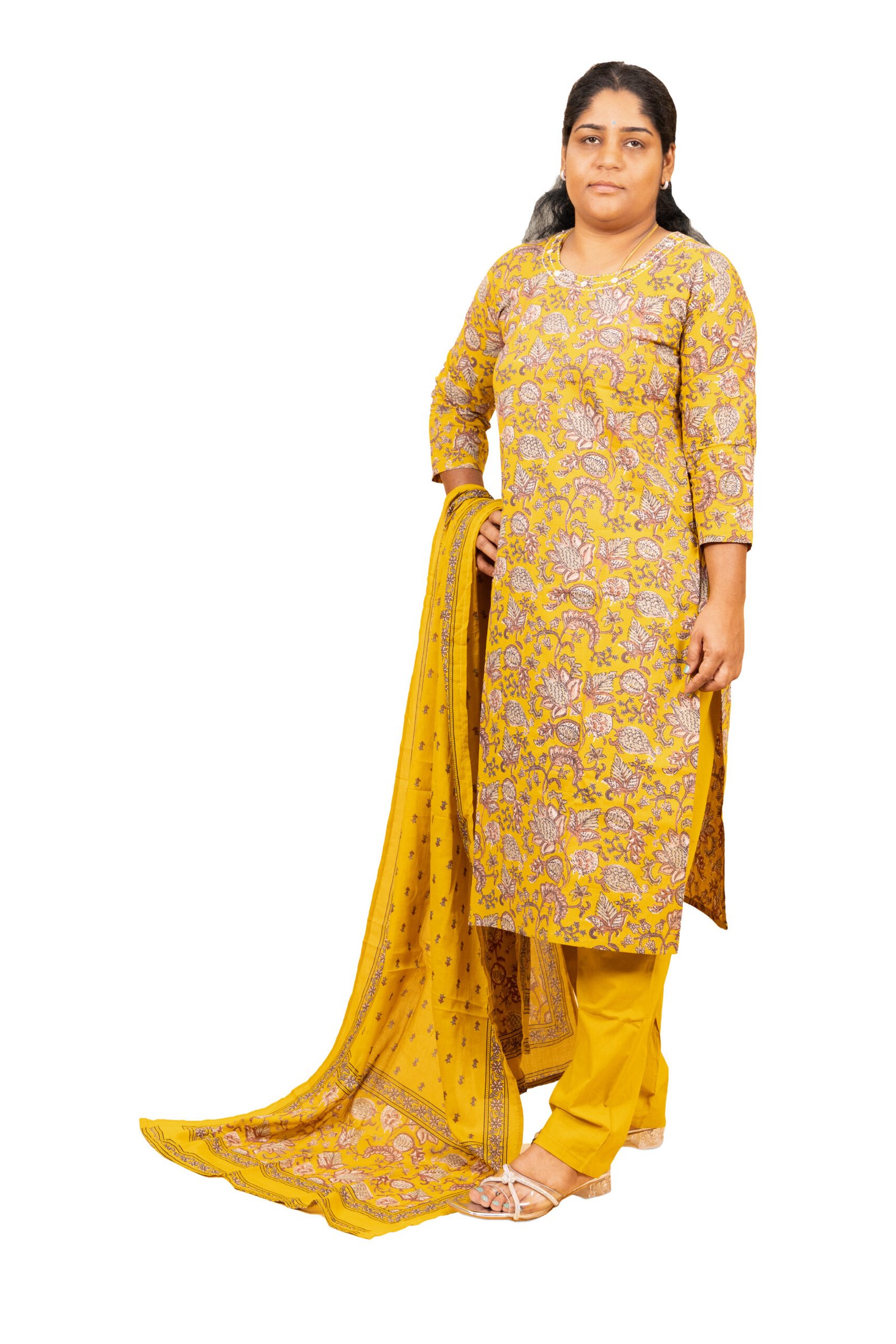Banglore Fashions Women's Pure Cotton Sanganeri Print Kurta Set with Dupatta - Yellow